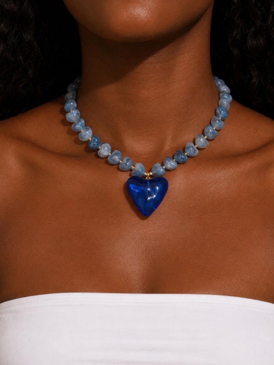 Anthropologie Jewelry - New! Coastal Blue Marbled Heart Beaded Dopamine Necklace NWOT